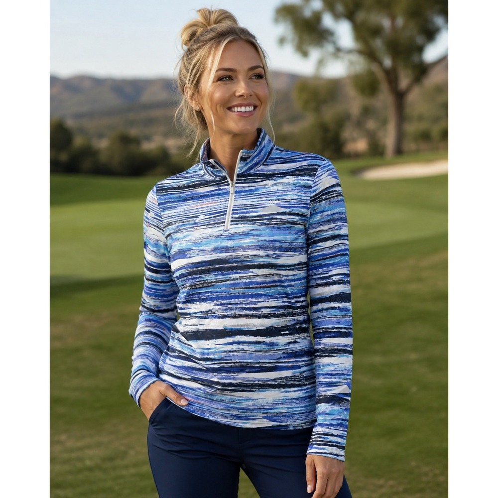 Acegolfs Womens XXL Blue White Abstract Quarter Zip Performance Golf Shirt Top